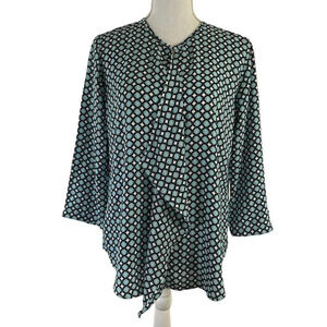 Van Heusen Kaleidoscope Blue Blouse Long Front Ruffle Career Office Business